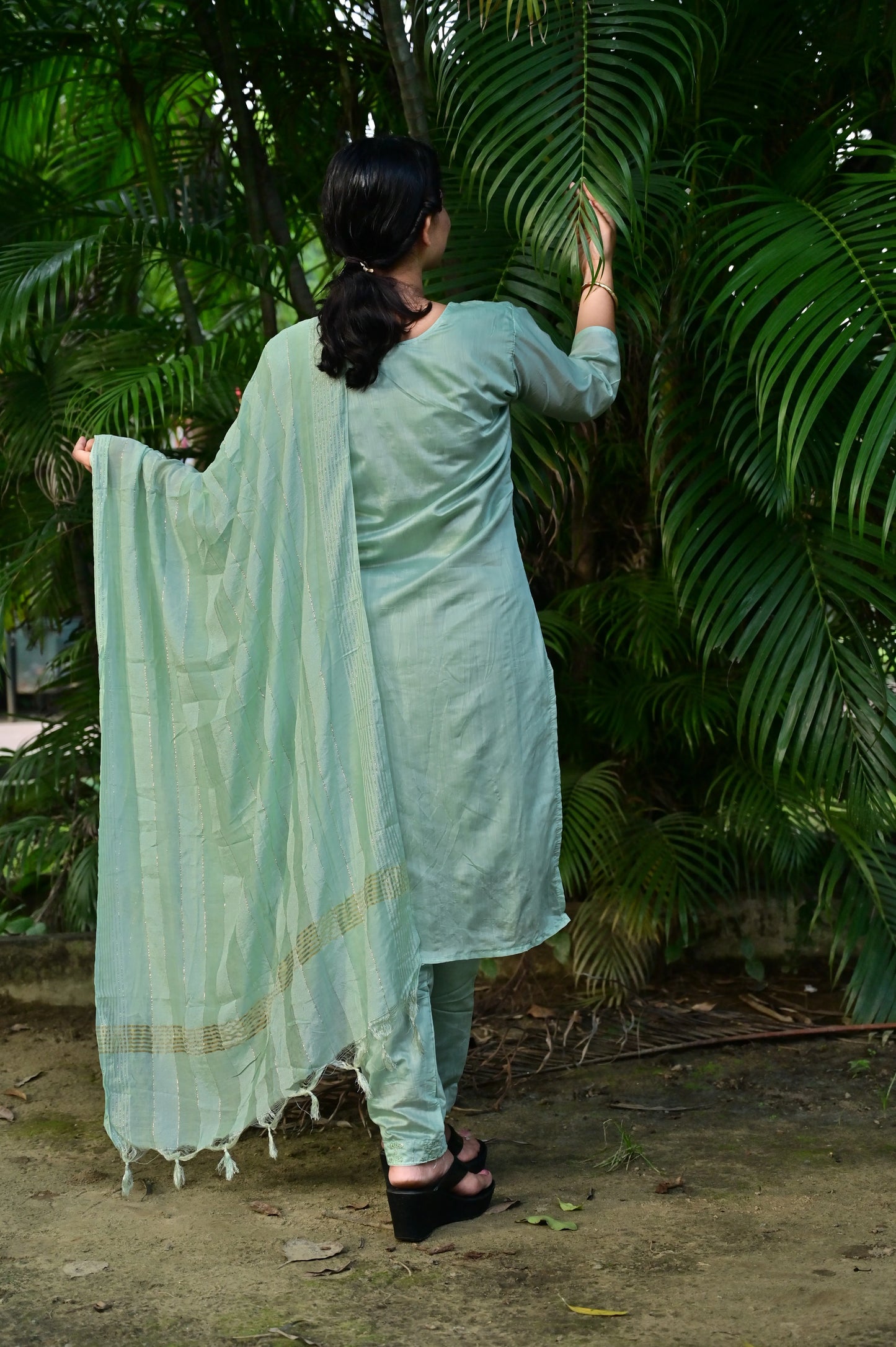 Back view of Mint Breeze light green Chanderi embroidered kurta set for women