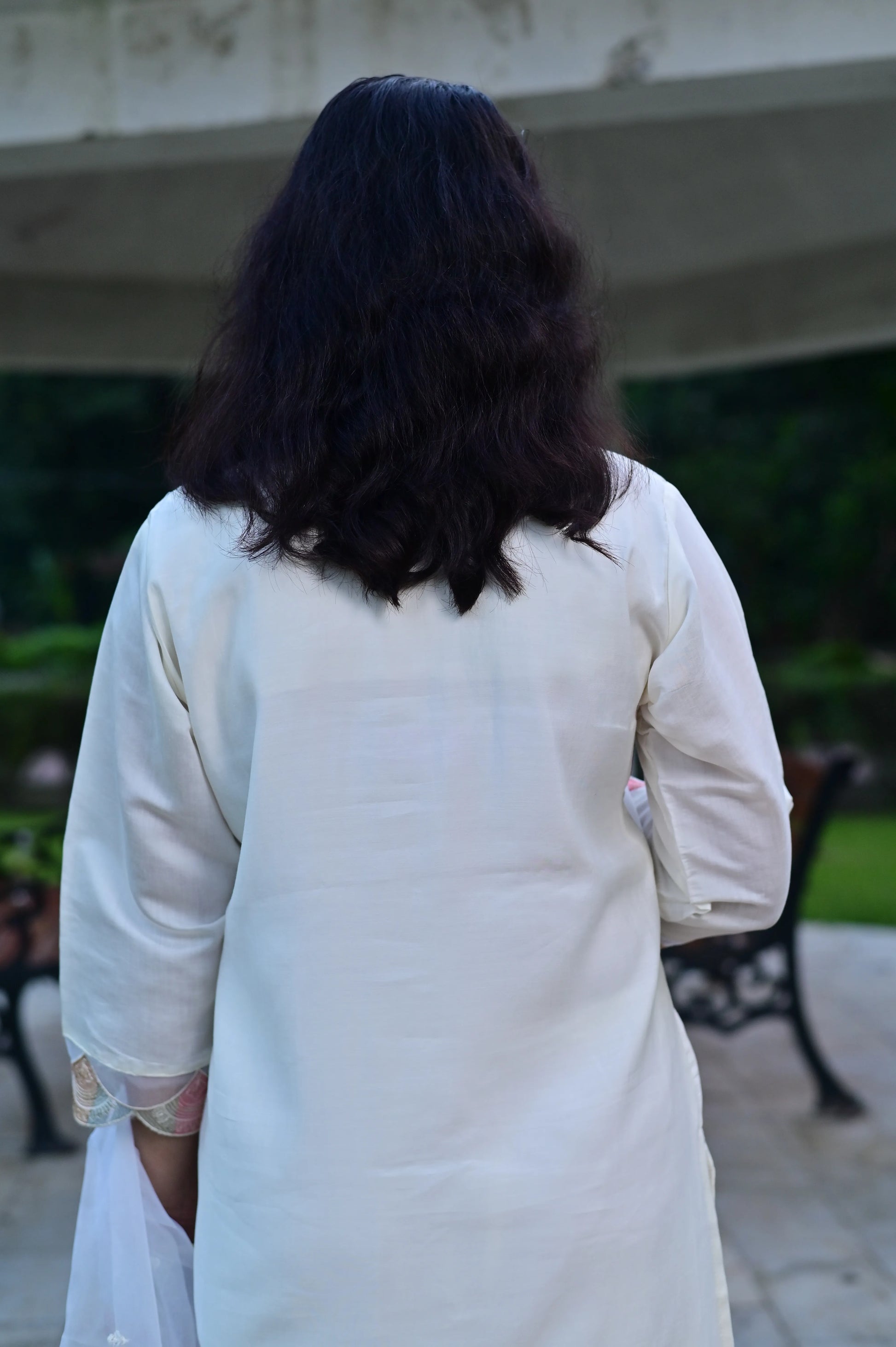 Back view of Roman silk kurta with organza dupatta