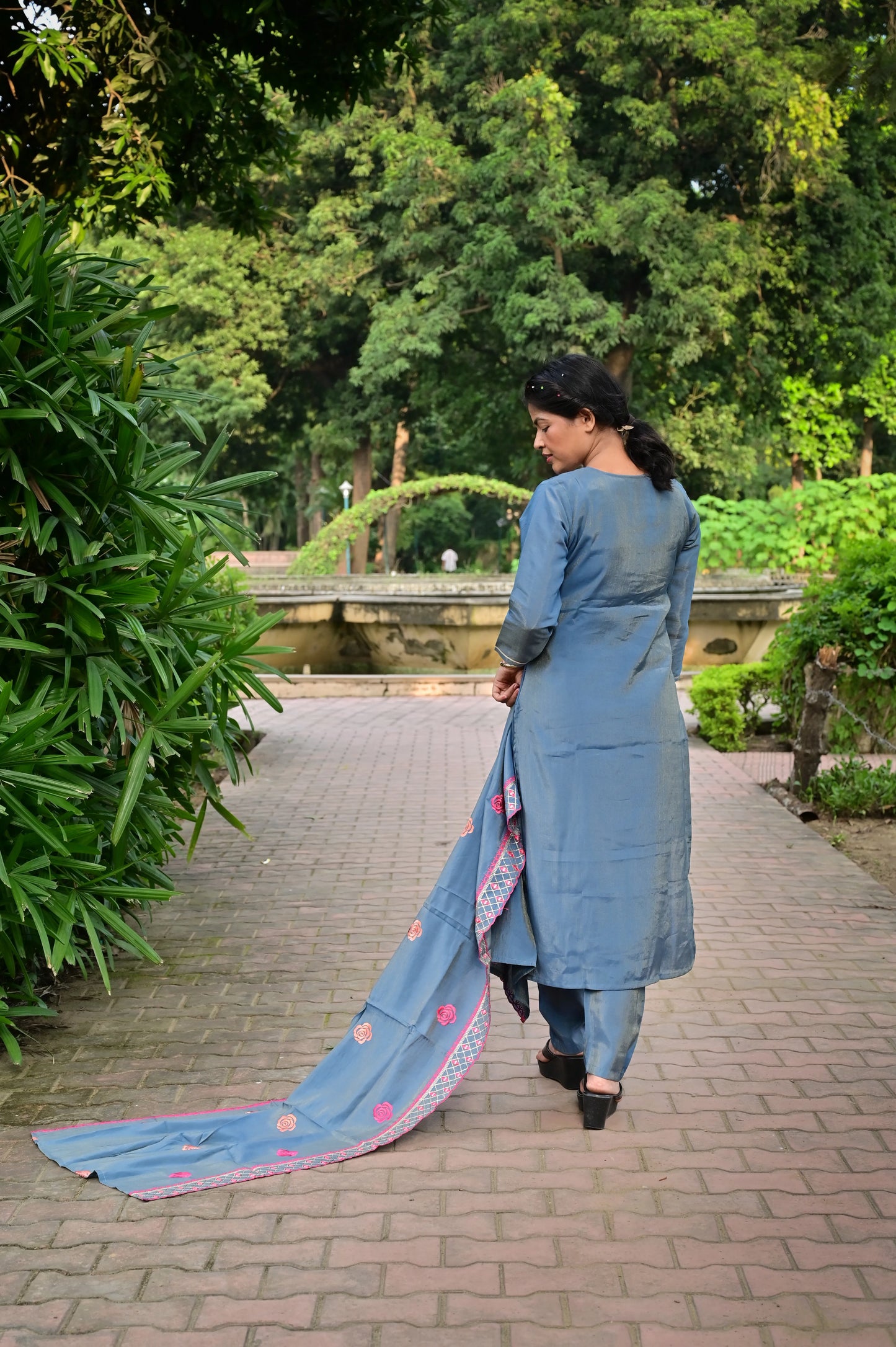 Back view of steel blue Chanderi silk kurta pant set