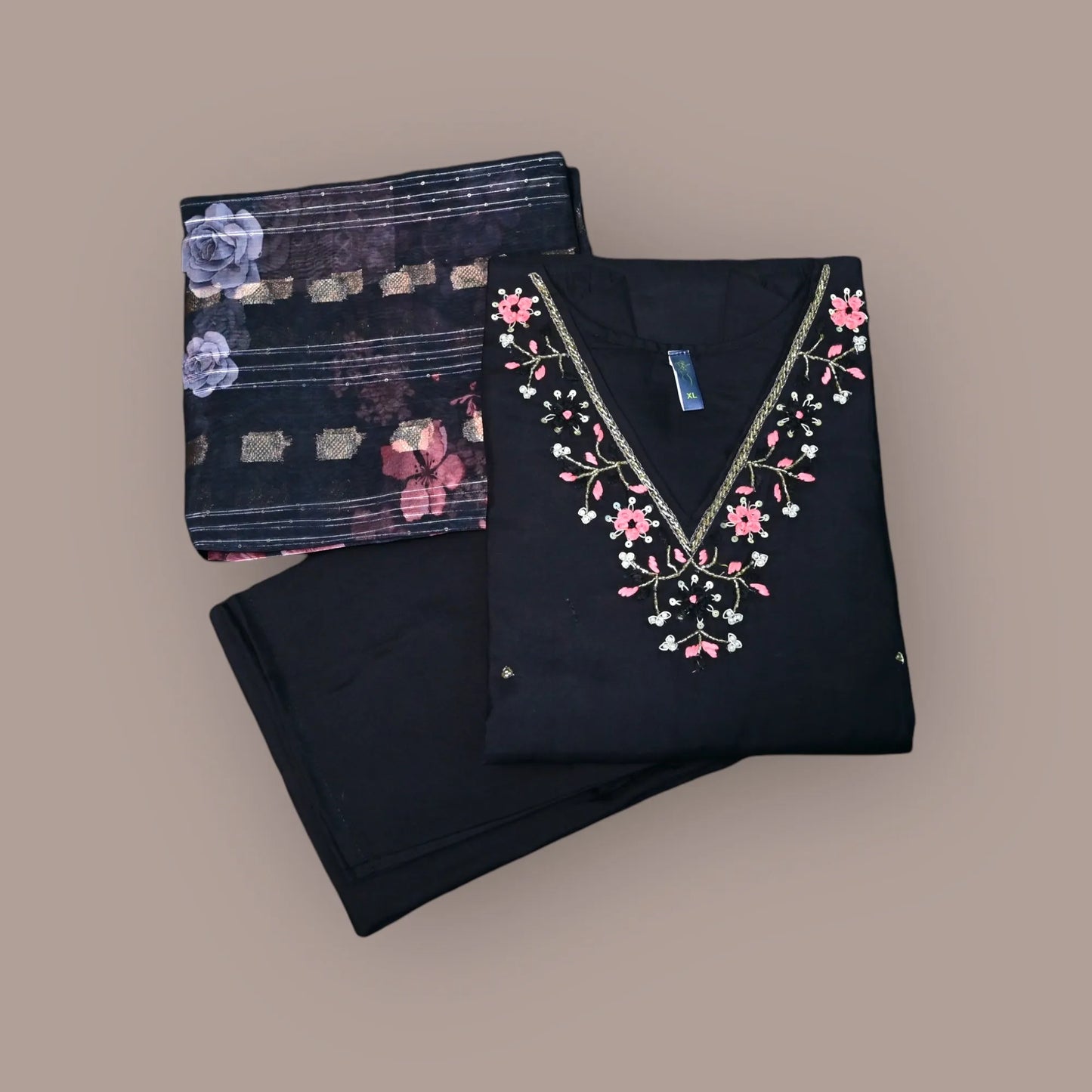 Black roman silk 3-piece suit with floral embroidery and organza dupatta for women