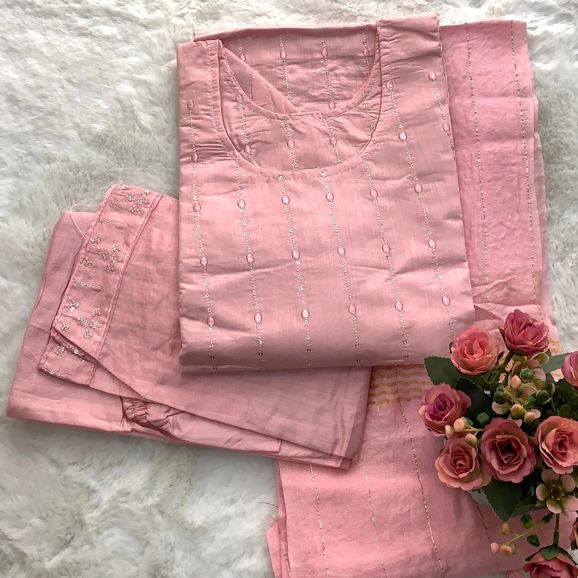 Blush Blossom pink embroidered Chanderi kurta pant set