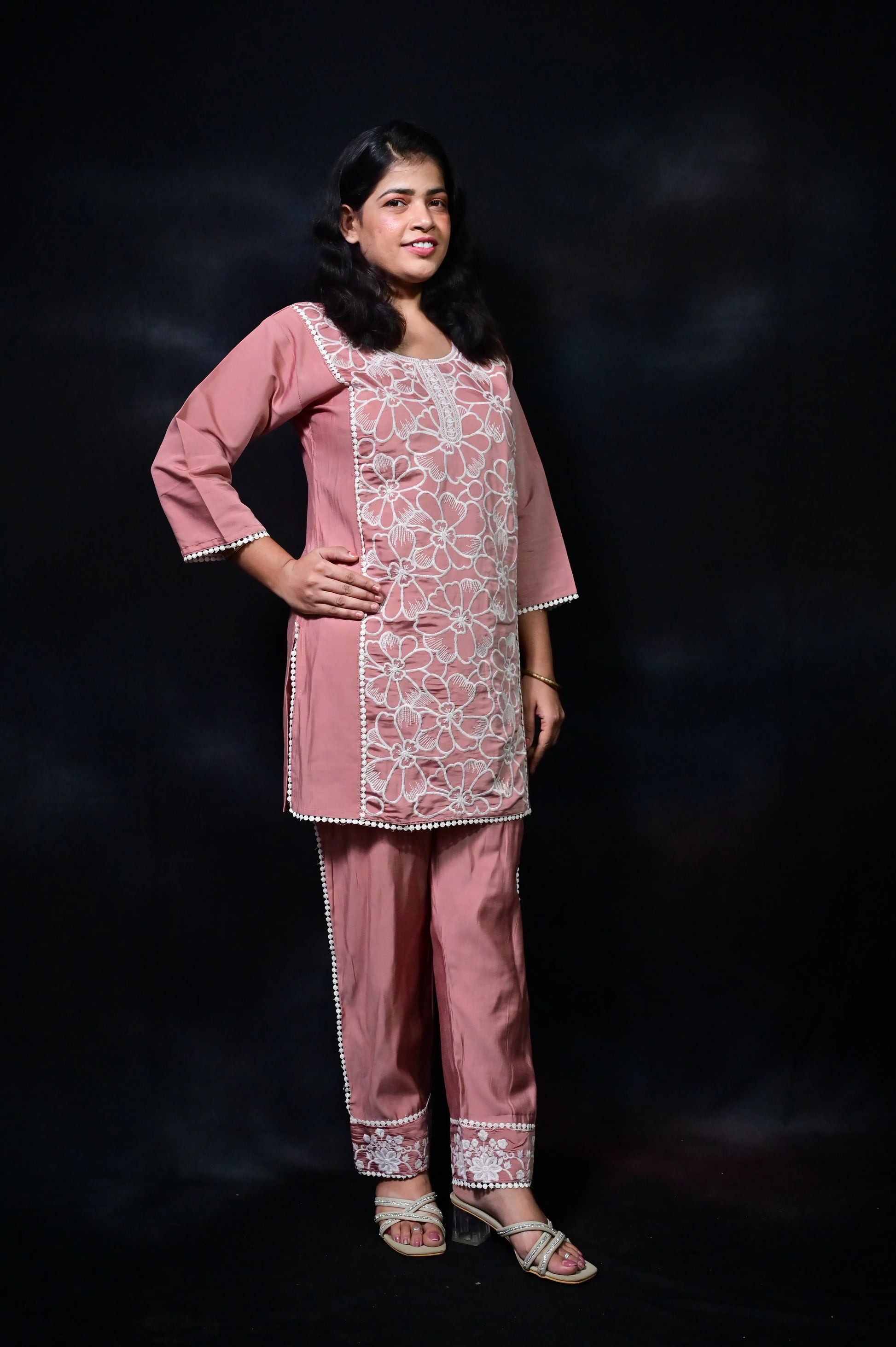 Blush pink polyester silk co-ord set with white floral embroidery for women