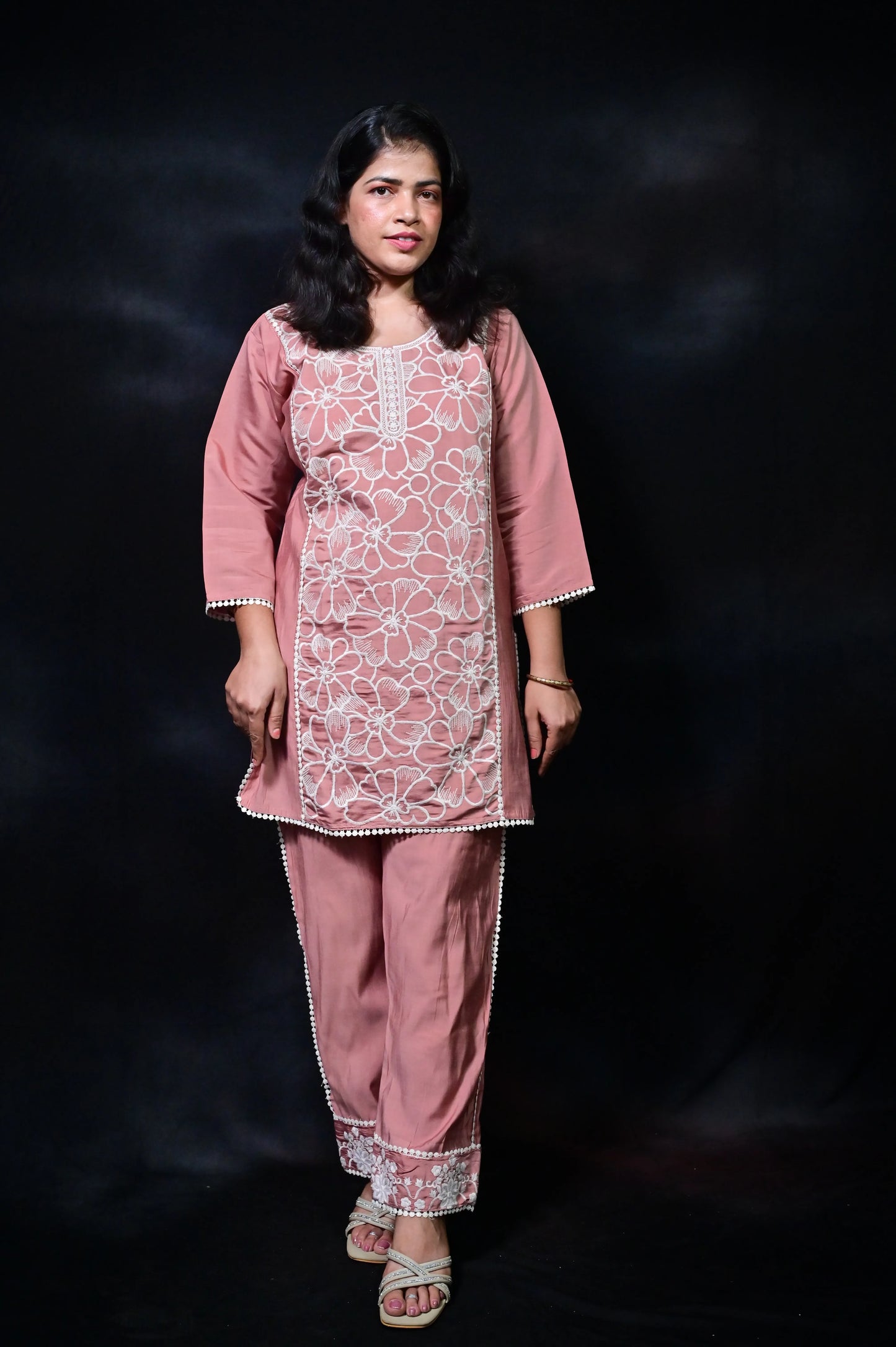 Blush pink polyester silk co-ord set with white floral embroidery for women