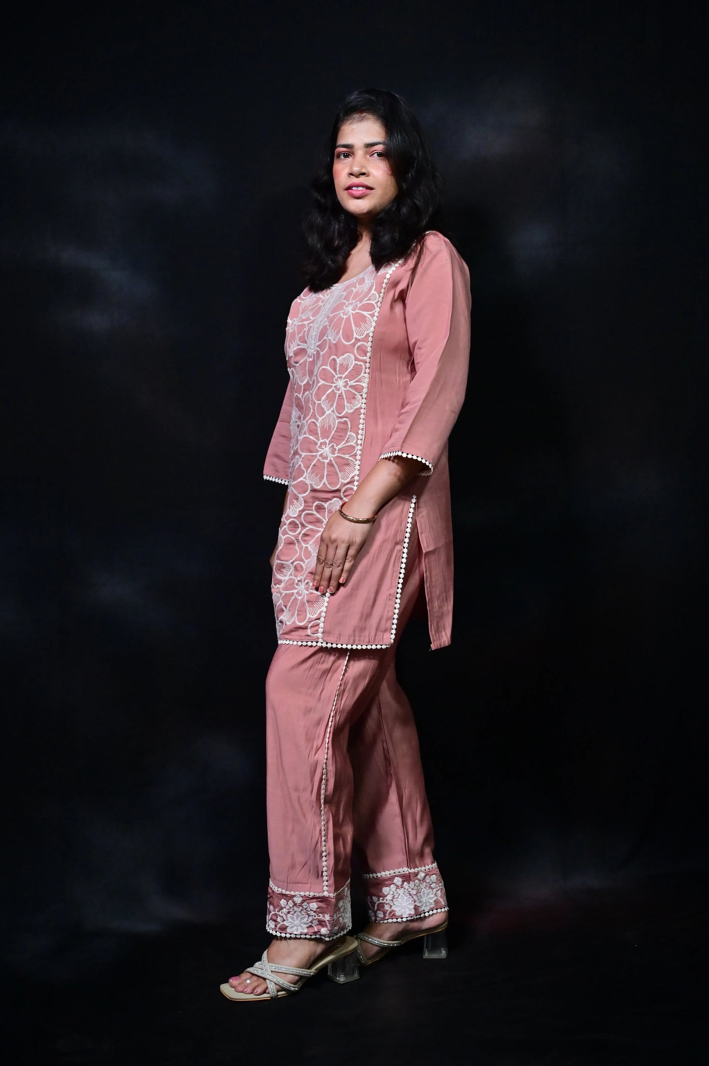 Blush pink polyester silk co-ord set with white floral embroidery for women