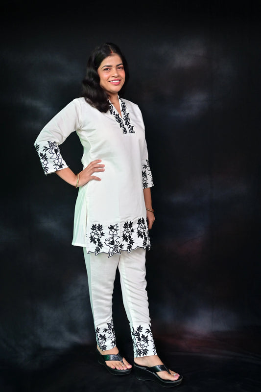 Classic White and Black Roman Silk Embroidered Co-Ord Set for Women - Timeless Ethnic Wear with Intricate Floral Detailing