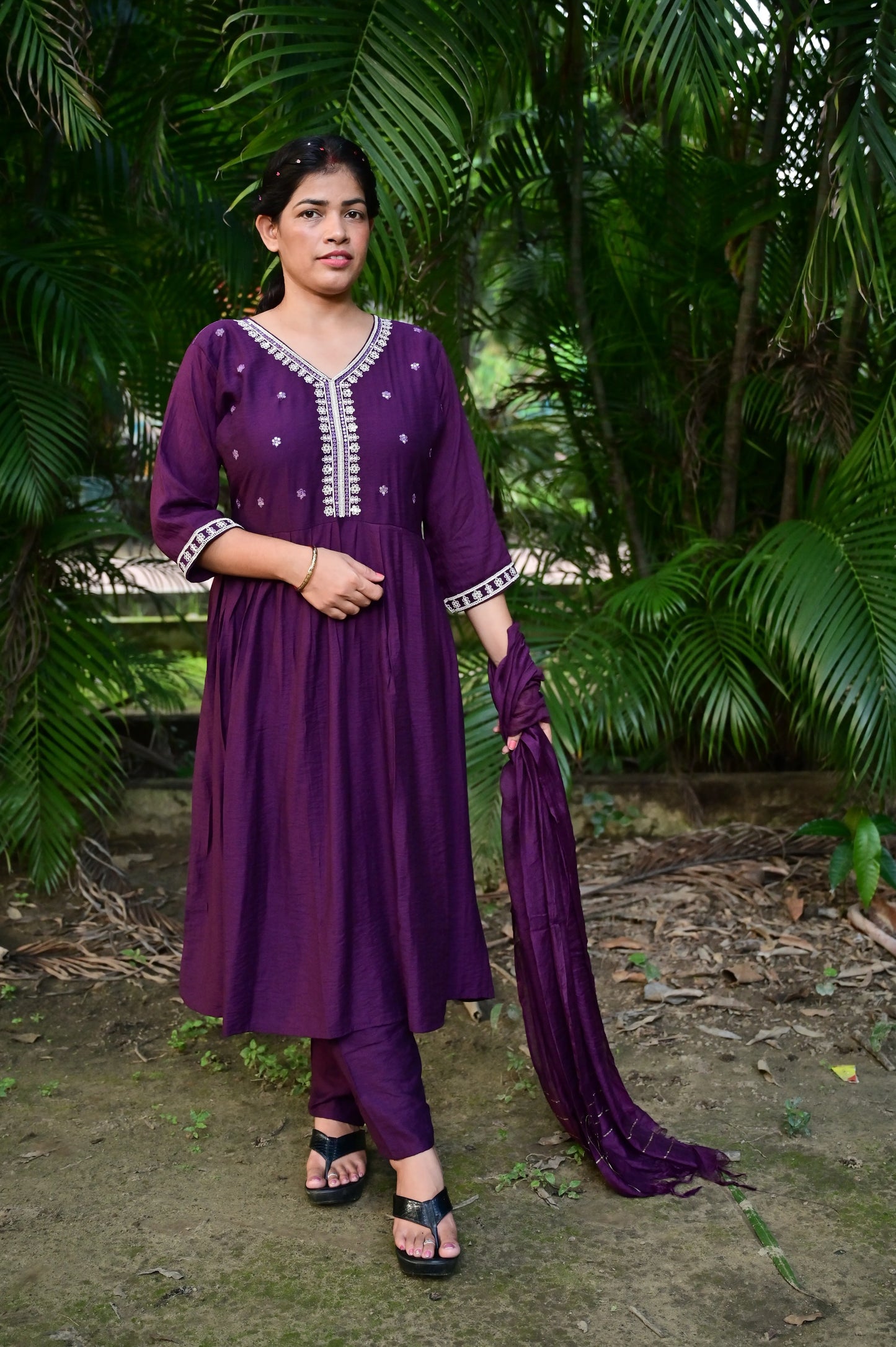 Deep plum Anarkali kurta set with intricate silver embroidery for women