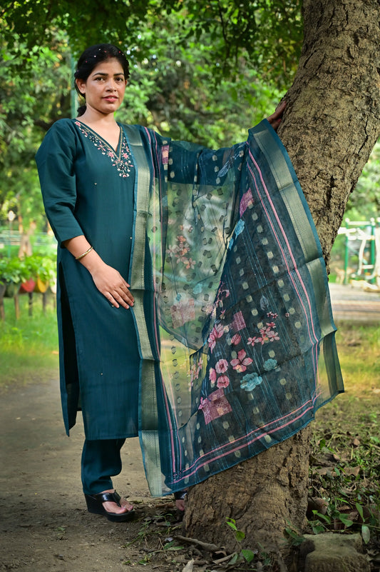 Deep teal roman silk 3-piece suit with floral embroidered neckline and printed dupatta