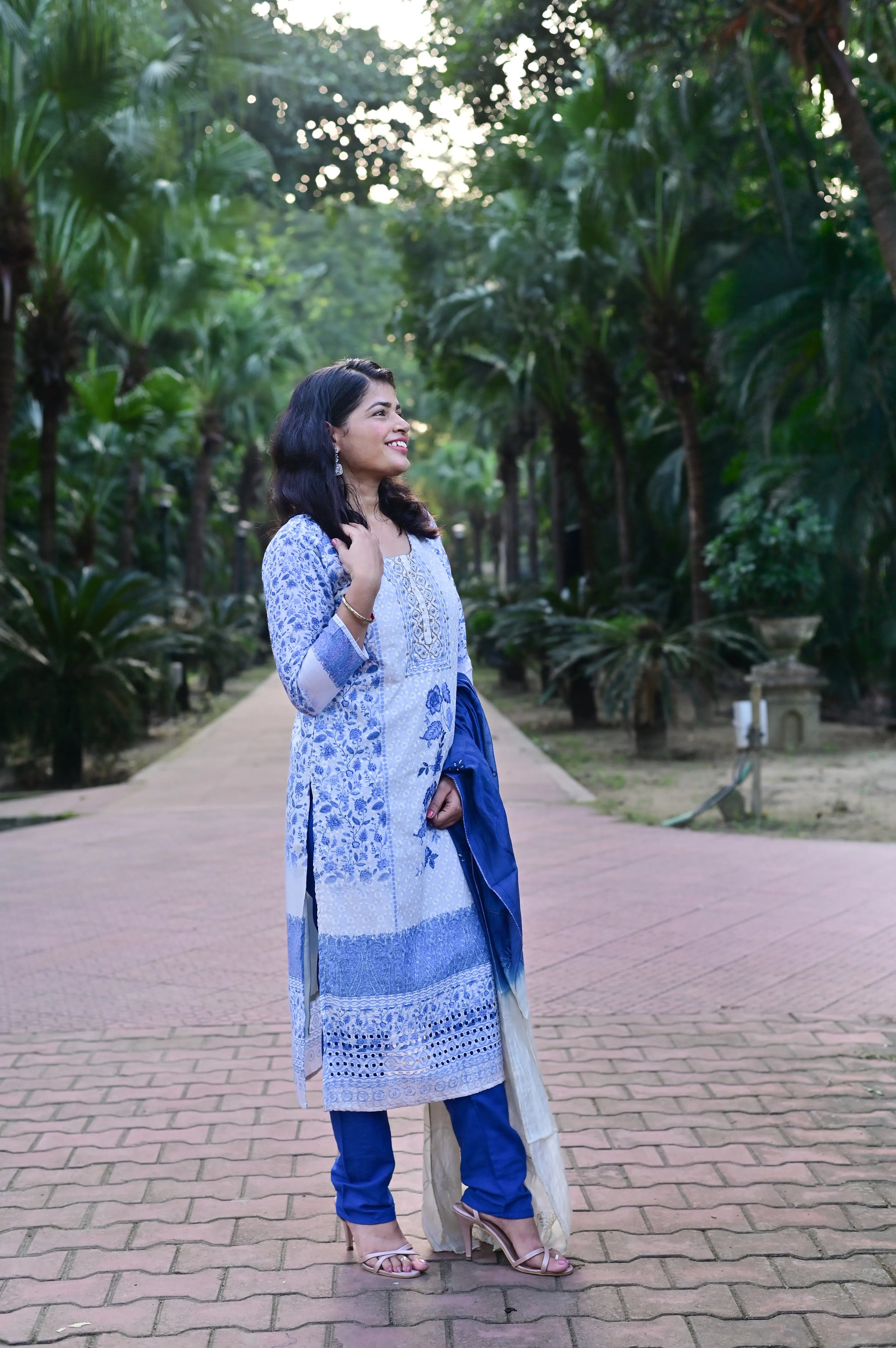 Elegant blue floral printed chikankari kurta pant set with ombre dupatta