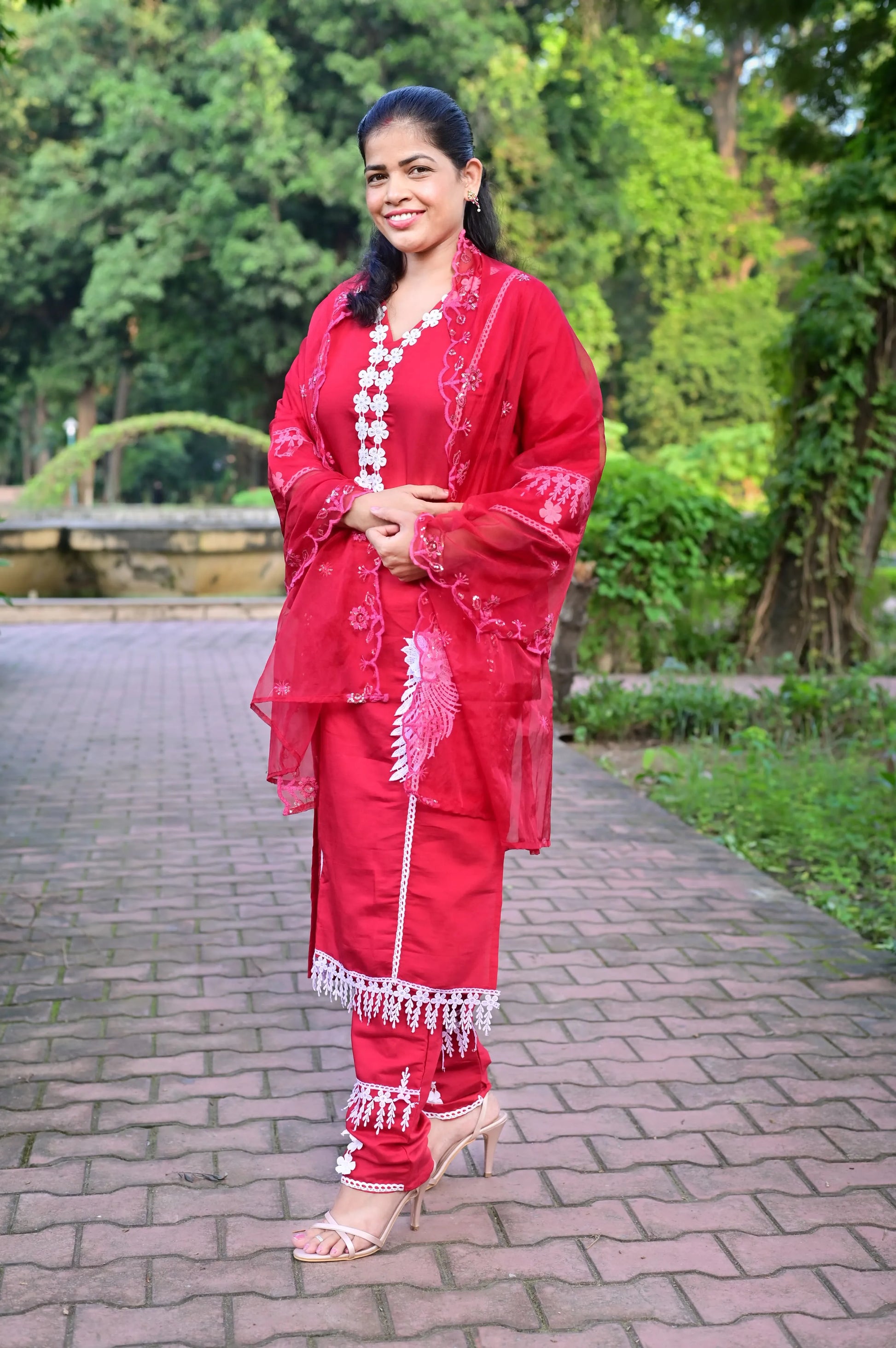 Elegant red  cotton blend kurta pant set with white embroidery and net dupatta