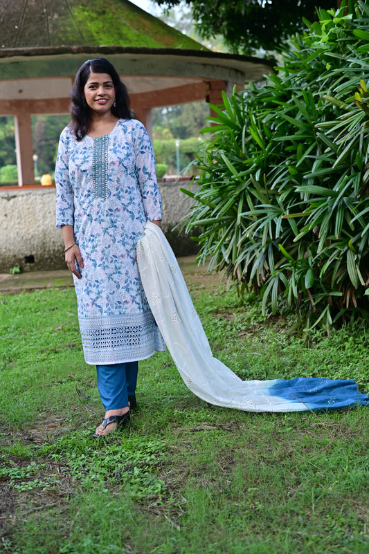 Floral blue cotton chikankari 3-piece suit with ombre dupatta for women full front