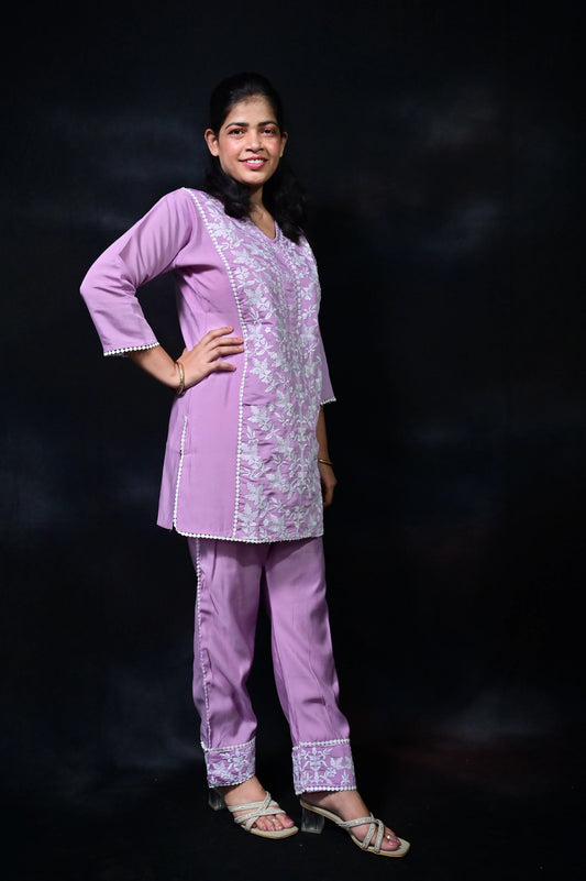 Lavender Embroidered Co-Ord Set for Women - Elegant Ethnic Wear