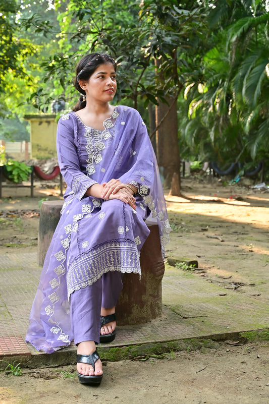 Lavender cotton blend kurta set with intricate white embroidery and dupatta