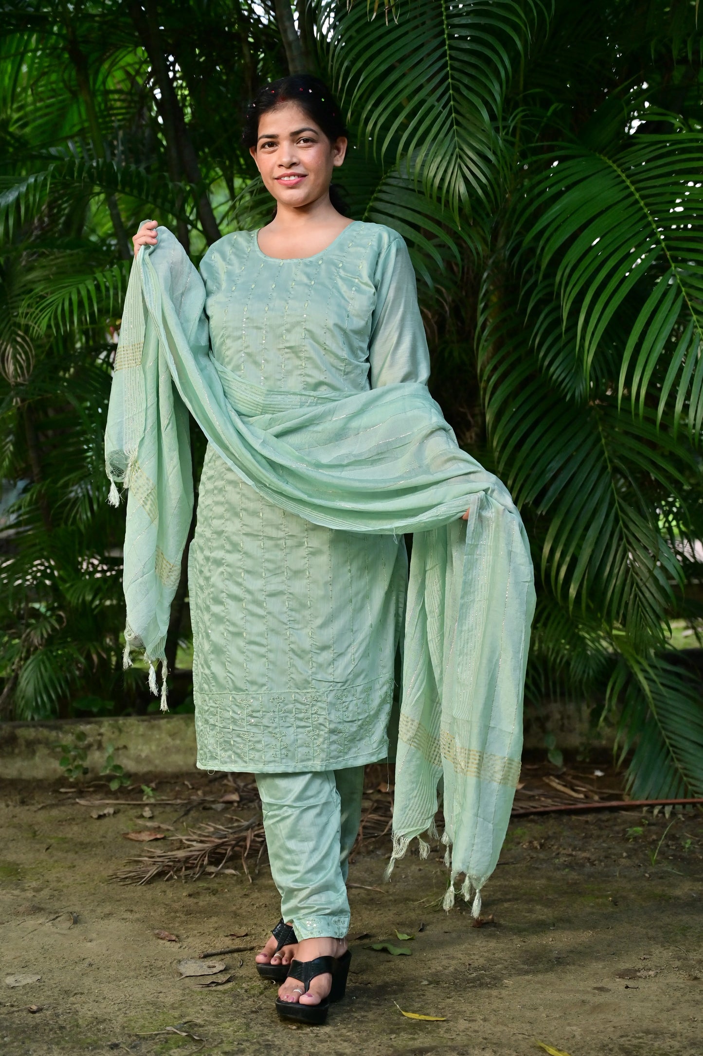 Mint Breeze light green Chanderi embroidered kurta set for women