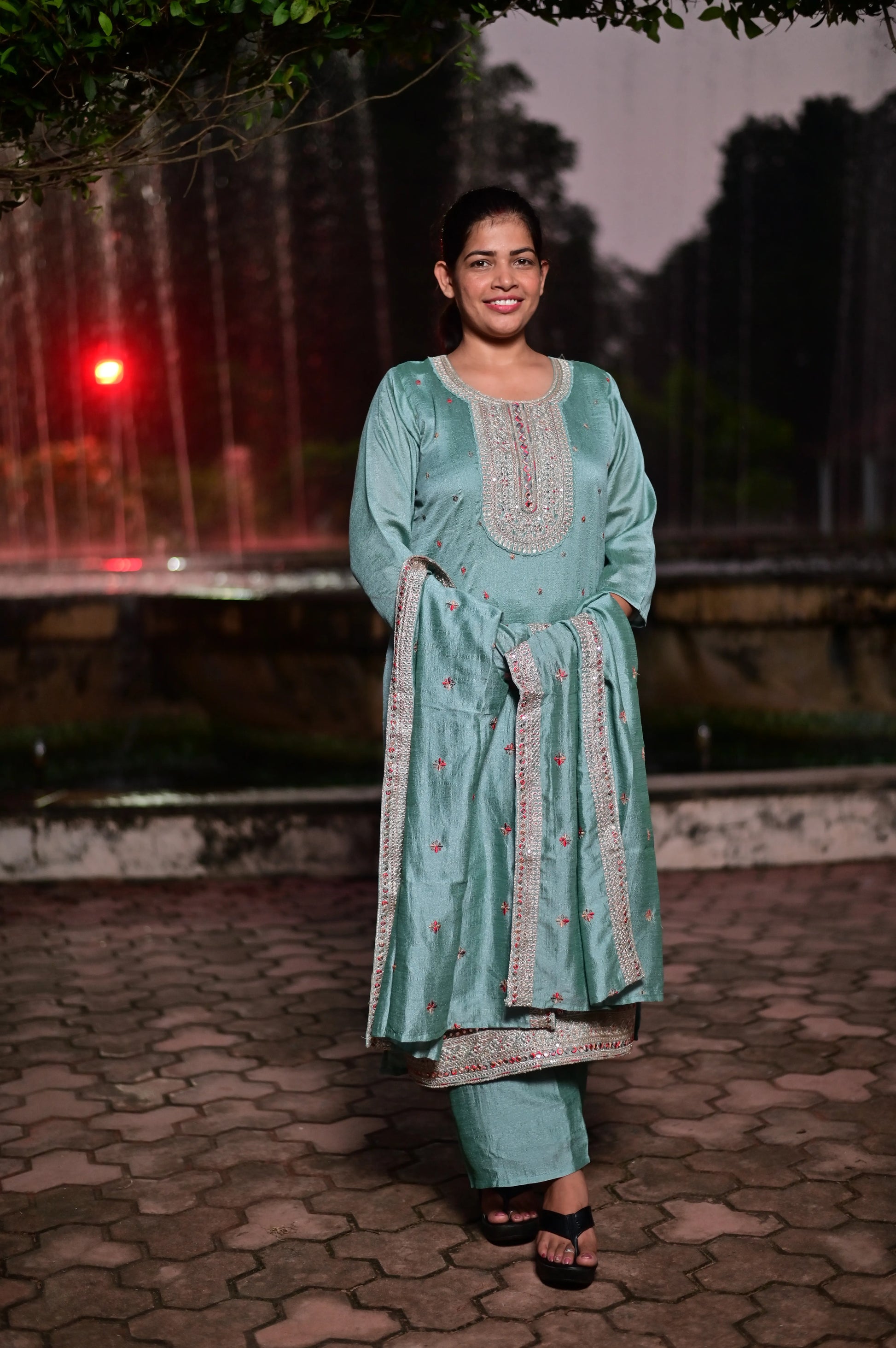 Mint green vichitra silk 3-piece suit with embroidered dupatta for women front full