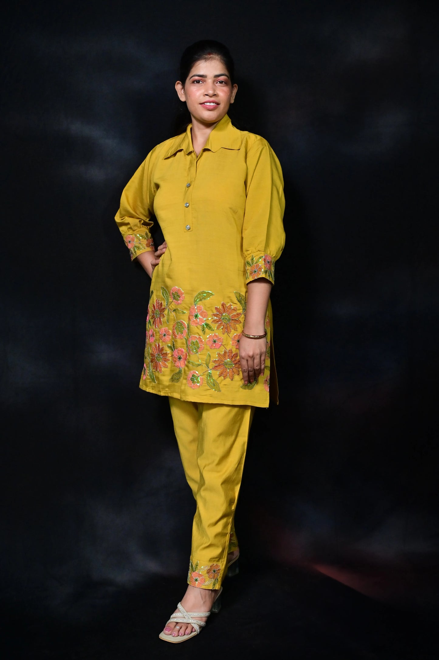 Mustard yellow muslin co-ord set with floral embroidery for women