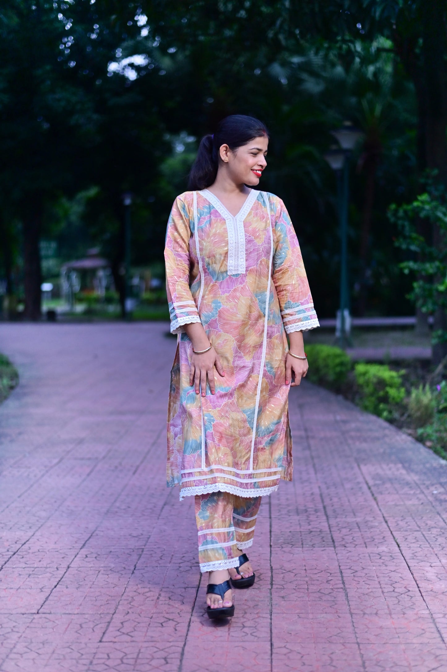 Pastel Blossom printed Roman Silk floral kurta pant set with lace detailing