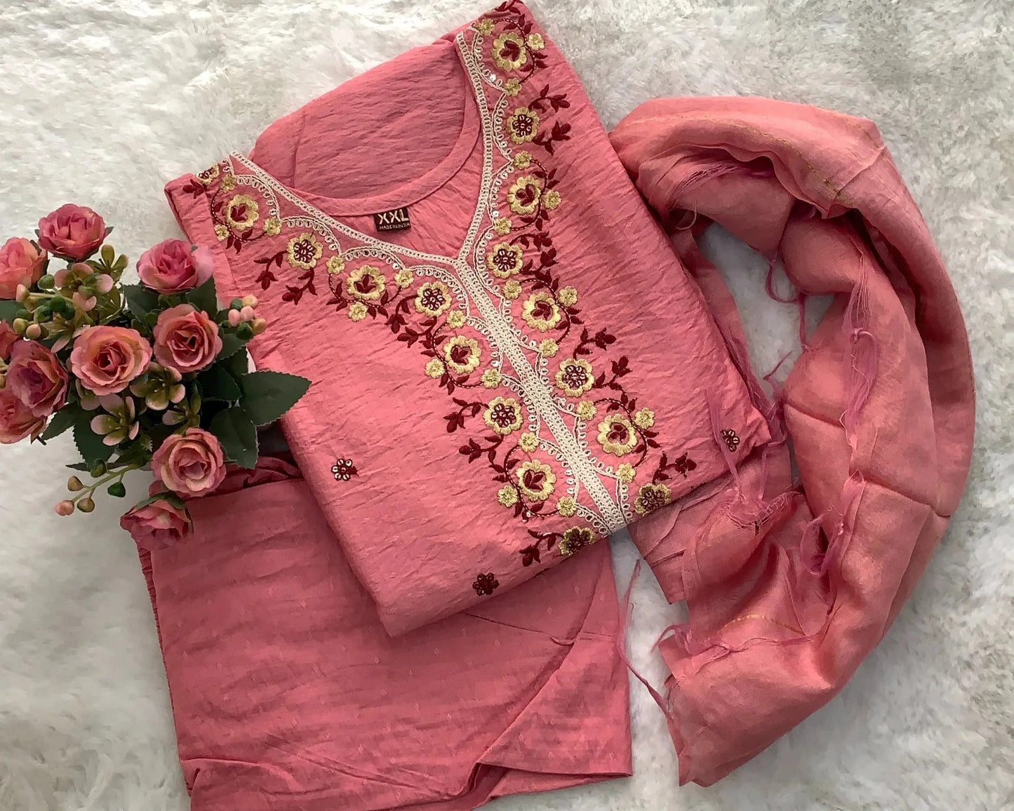 Rose pink muslin Anarkali kurta set for festive occasions