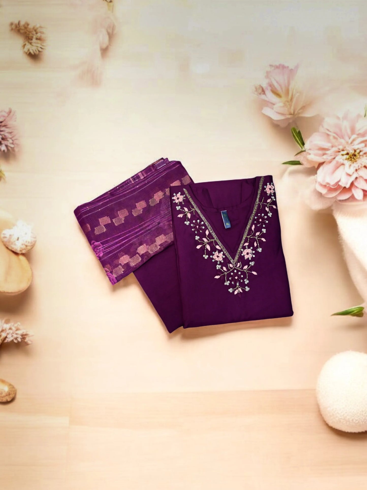 Royal deep plum kurta pant set with floral embroidery and organza dupatta