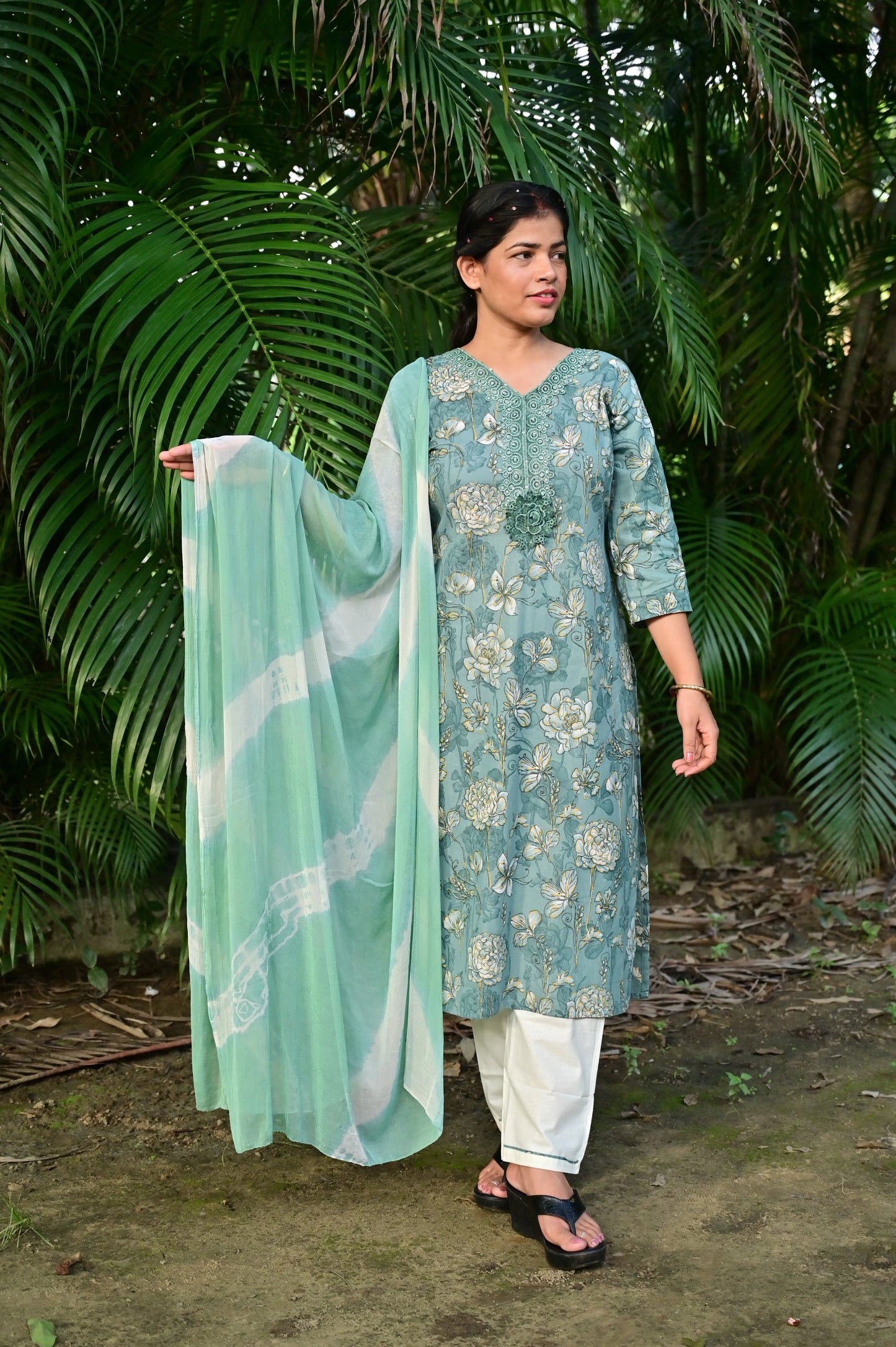 Sea green cotton flex kurta set with floral print for festive occasions