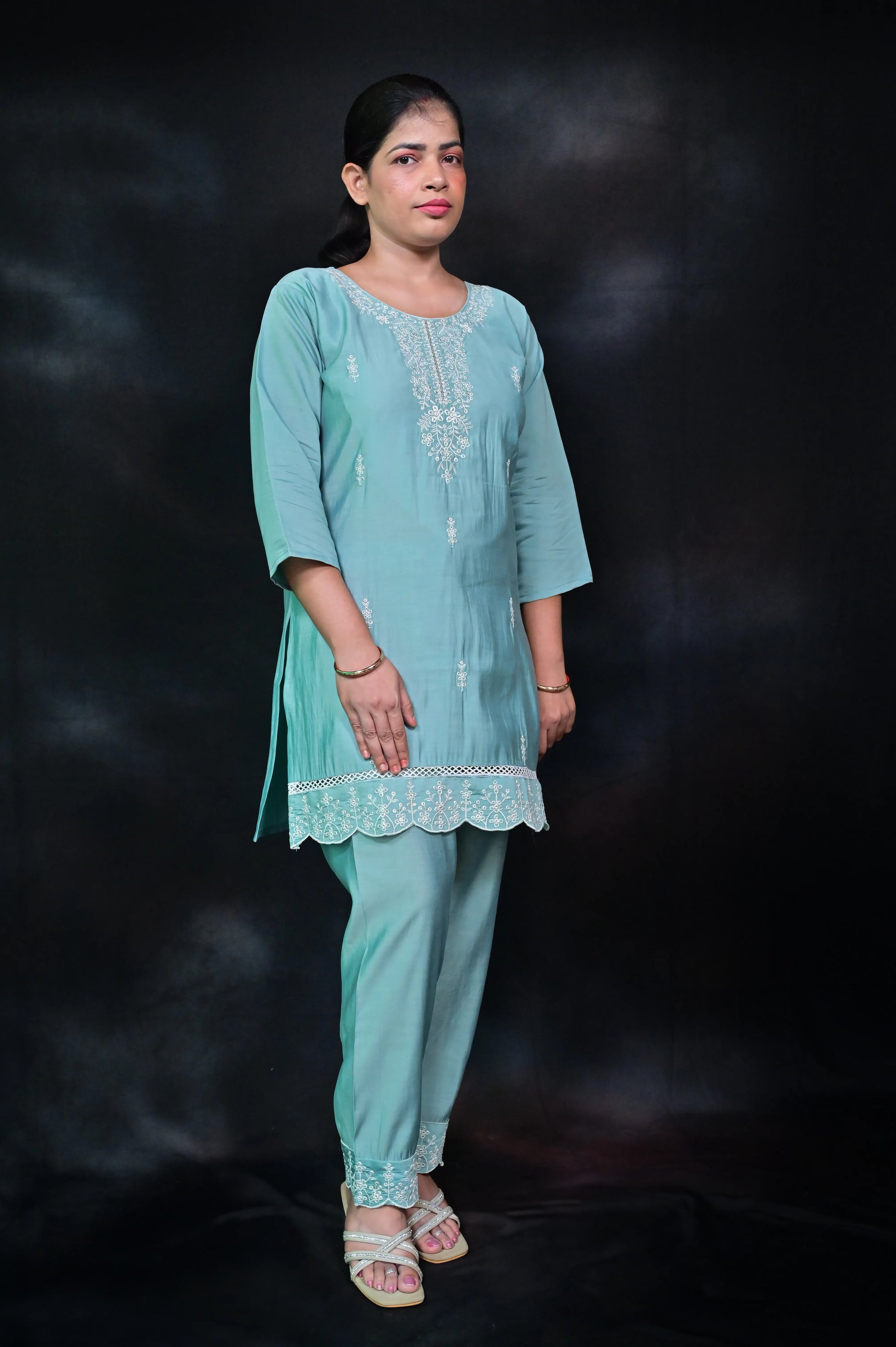 Soft aqua cotton twill co-ord set with delicate white embroidery for women Front full