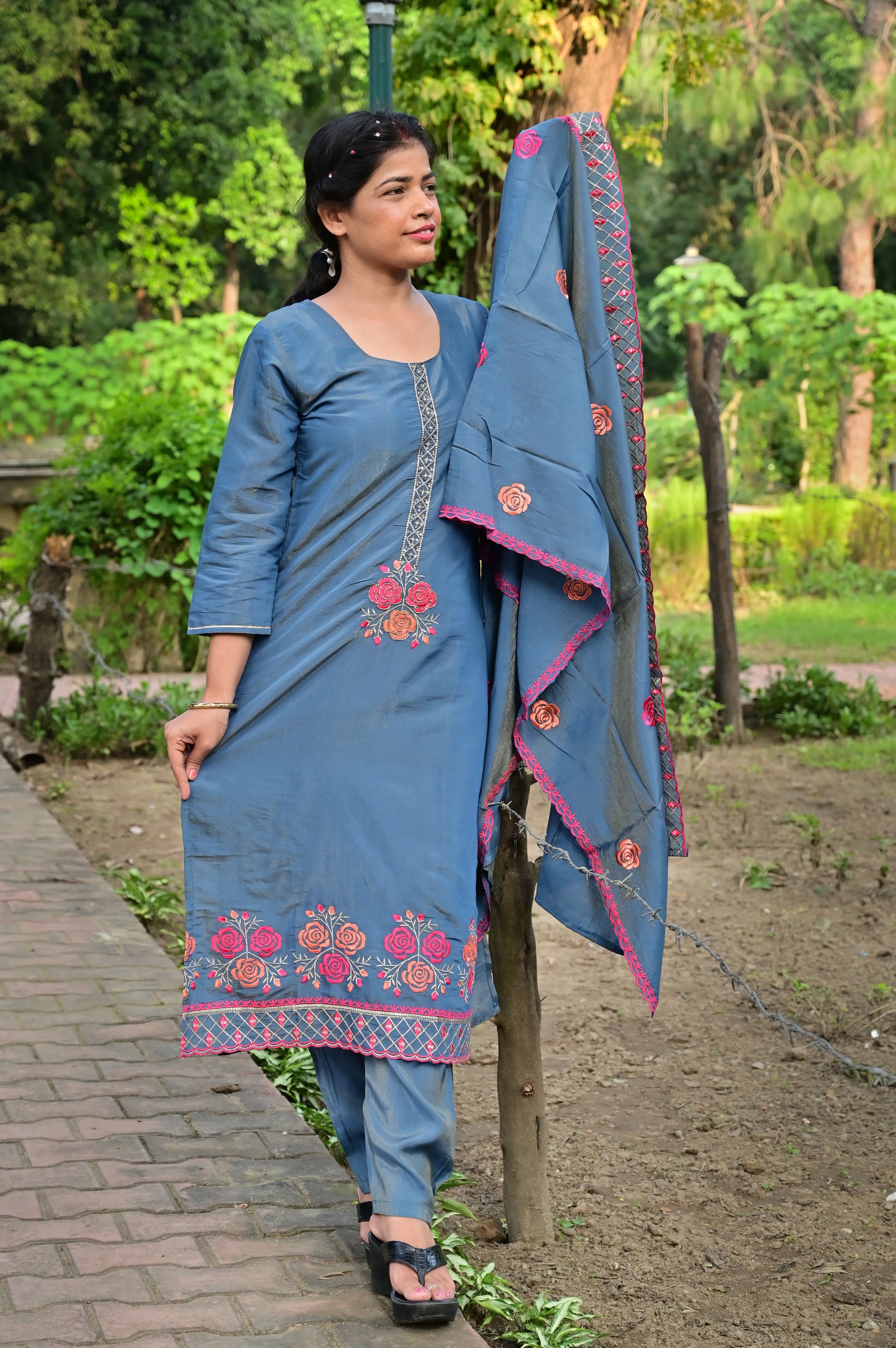 Steel blue Chanderi silk kurta pant set with silk embroidery and dupatta