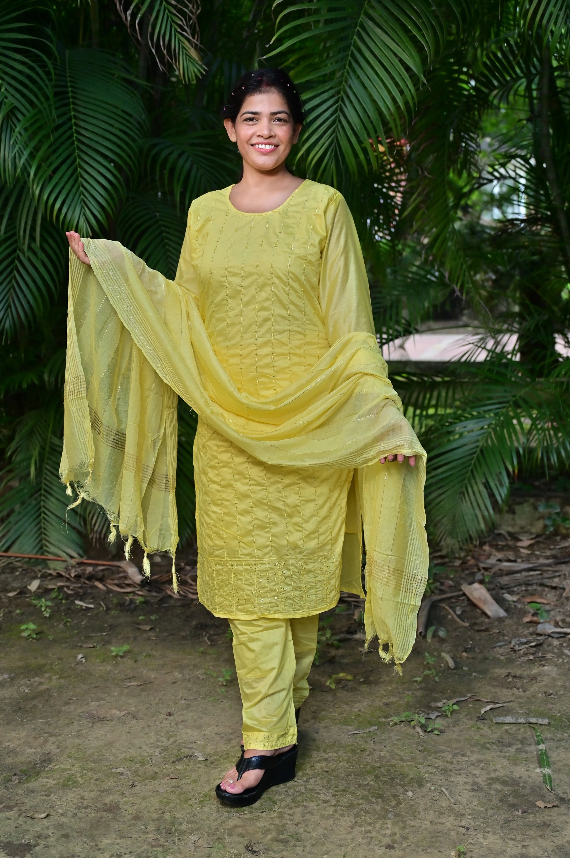 Sunny Delight yellow Chanderi kurta set with embroidery details