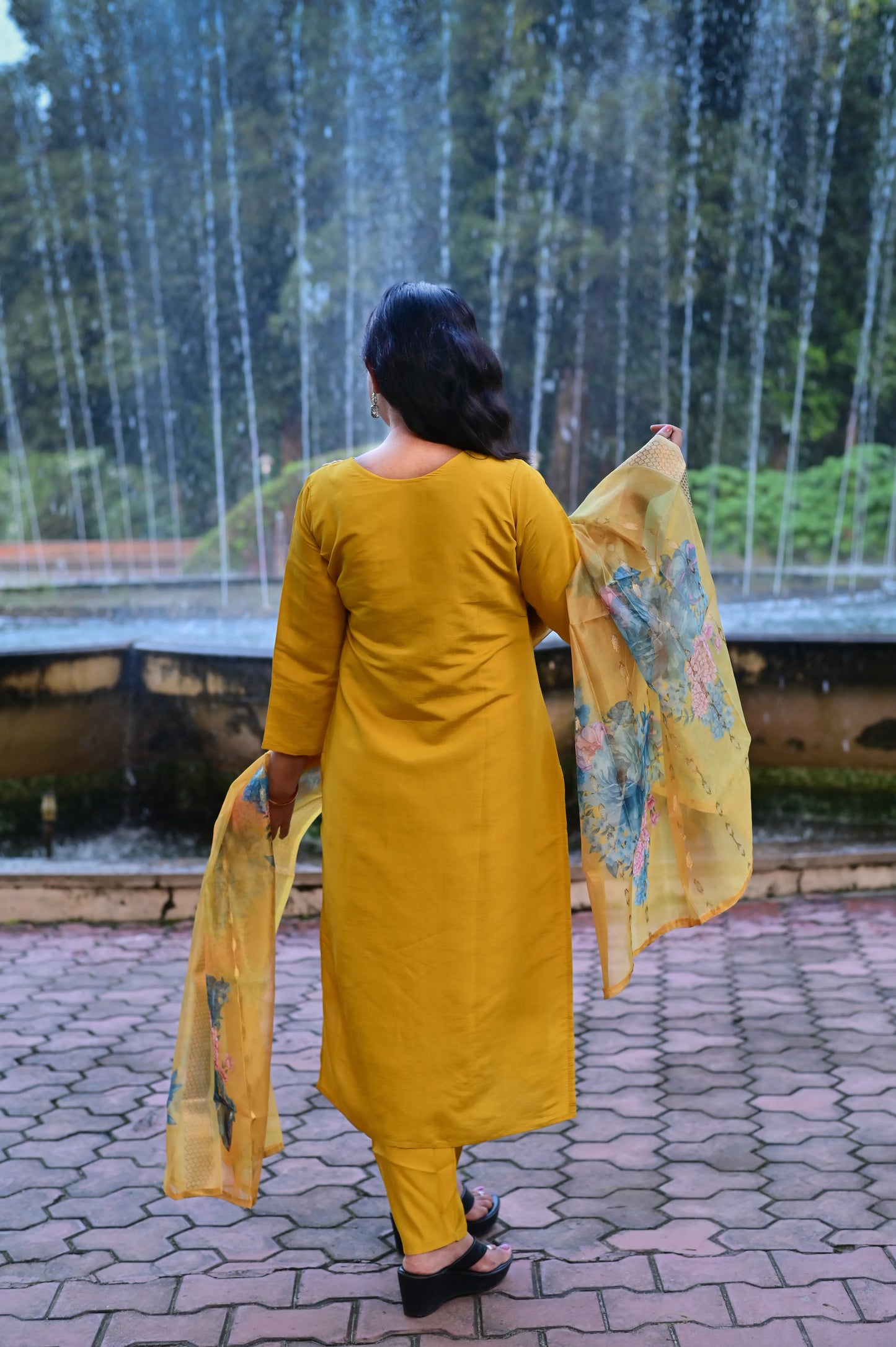 Sunshine yellow muslin 3-piece suit with intricate embroidery and floral organza dupatta Back