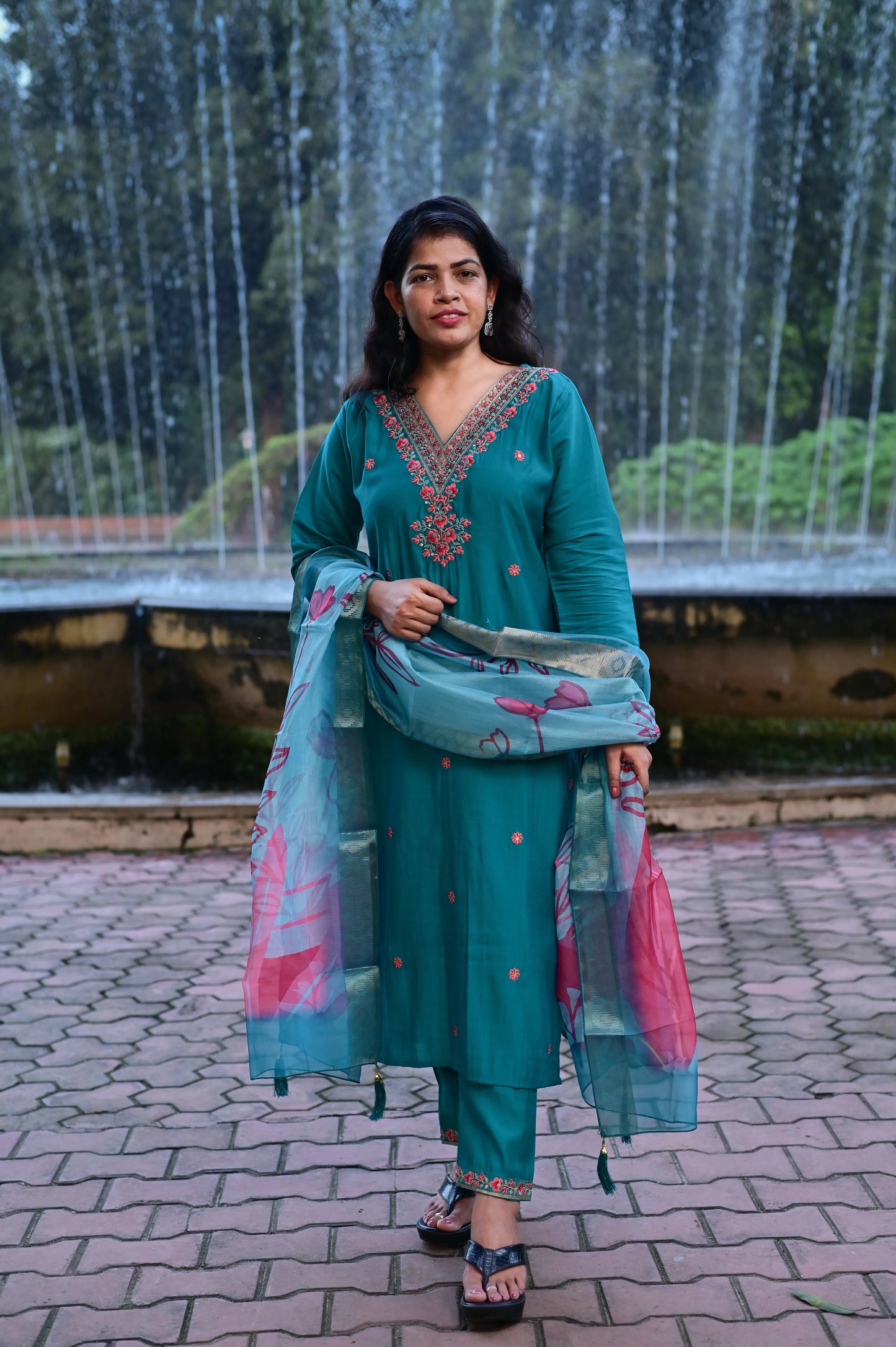 Teal green roman silk 3-piece suit with floral embroidered neckline and printed dupatta full