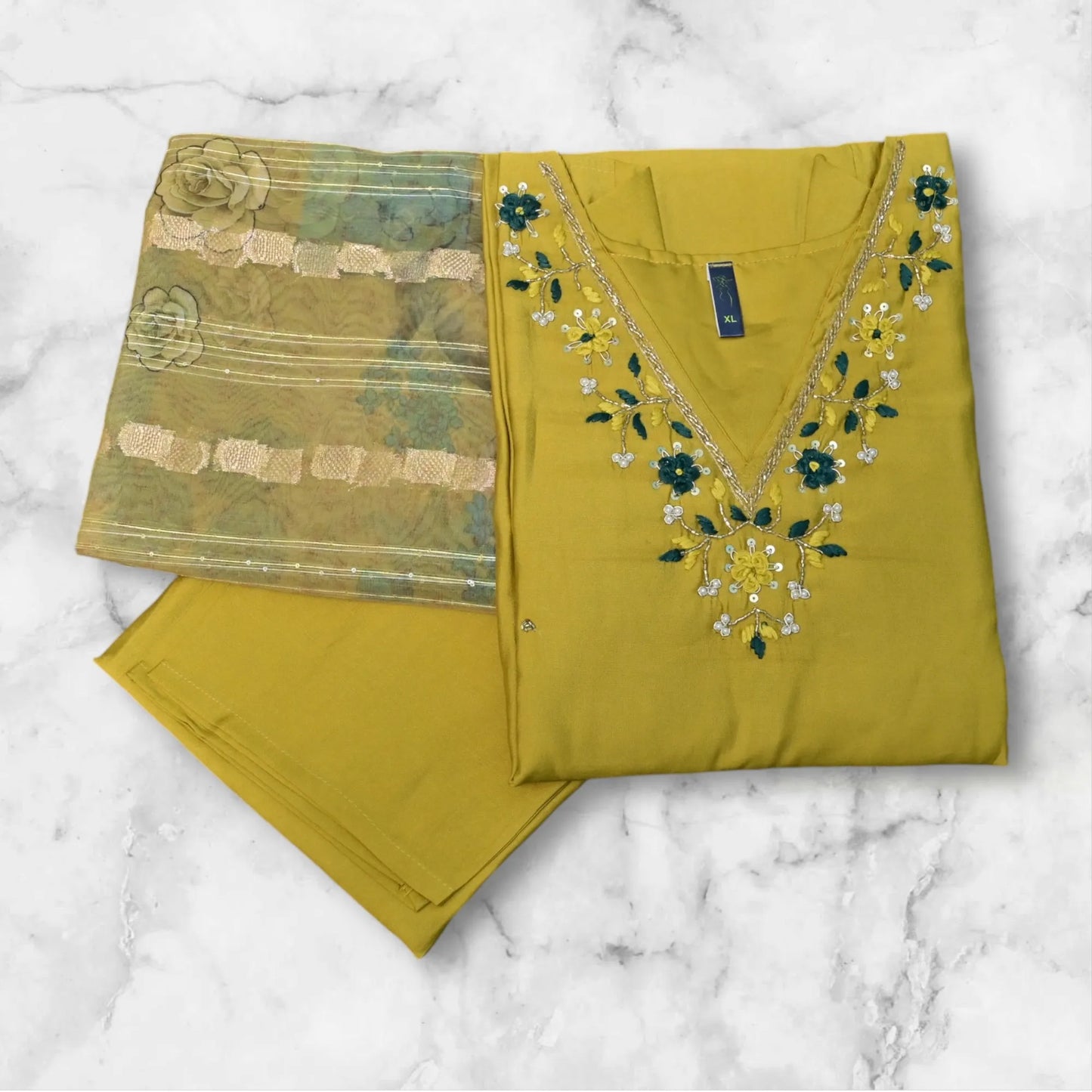 Vibrant mustard yellow roman silk suit with embroidered neckline and printed dupatta