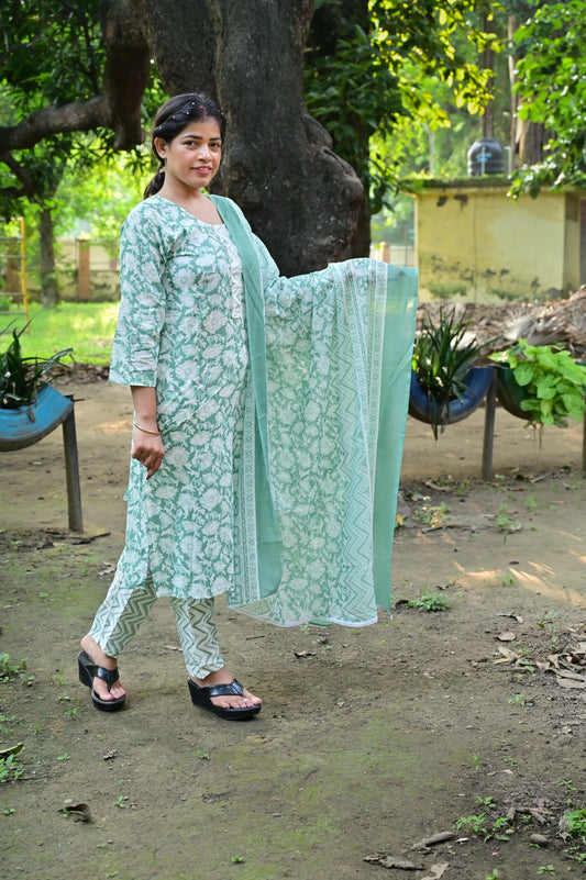 Women's mint green floral printed kurta set with dupatta for summer outings.