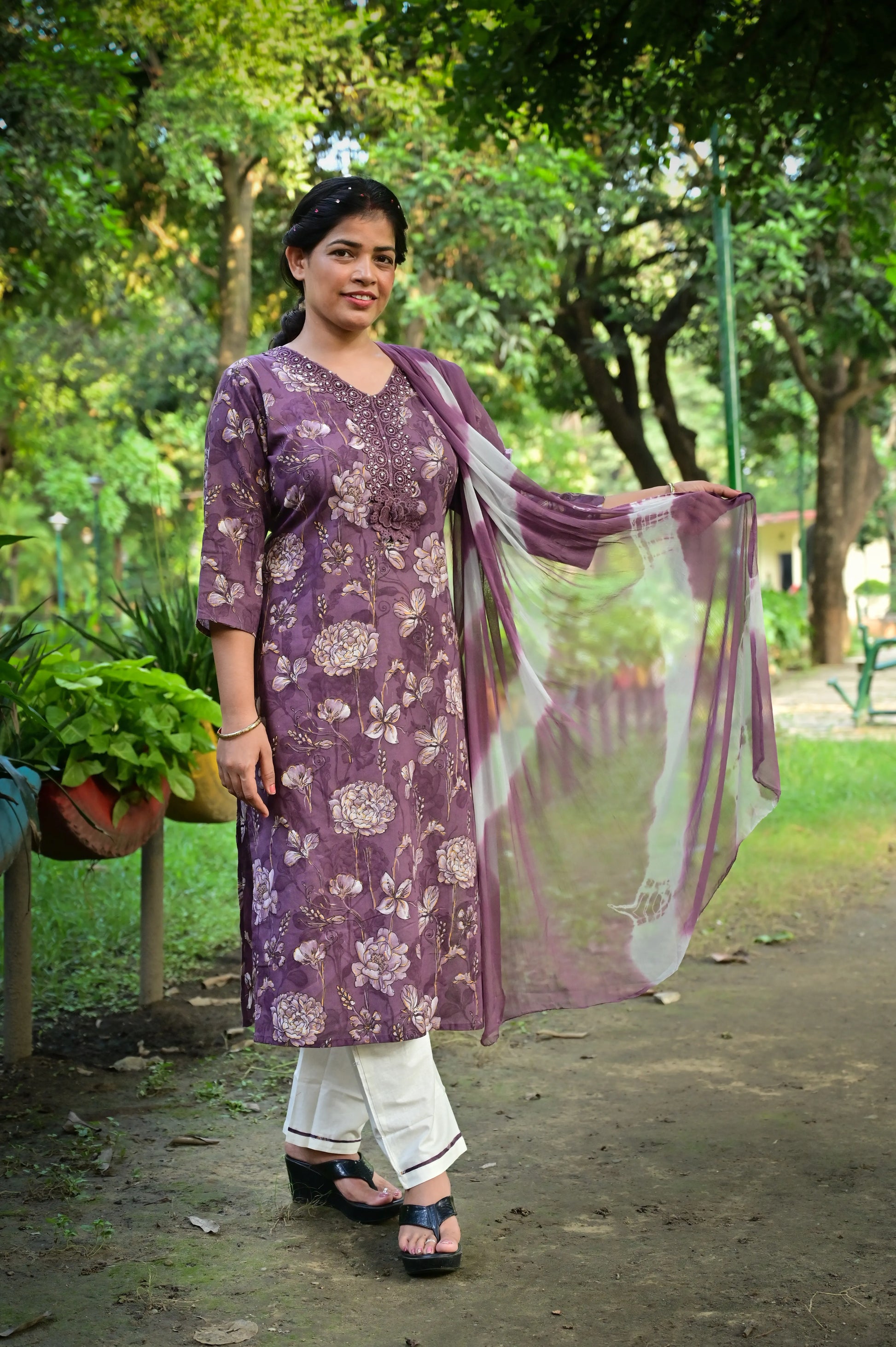 Women's plum purple and sea green kurta pant set with tie-dye dupatta