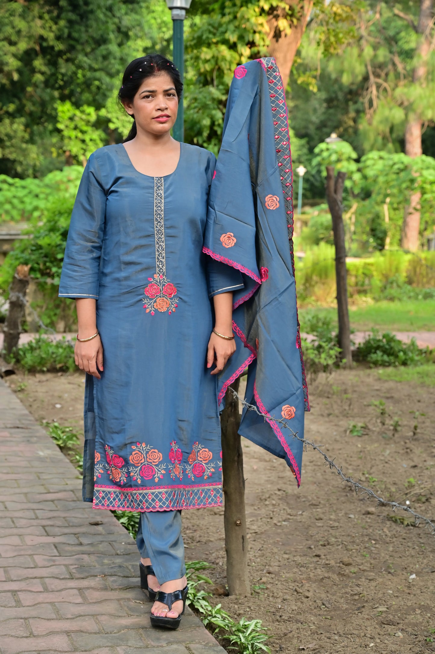 Women's steel blue embroidered kurta pant set with dupatta for festive wear