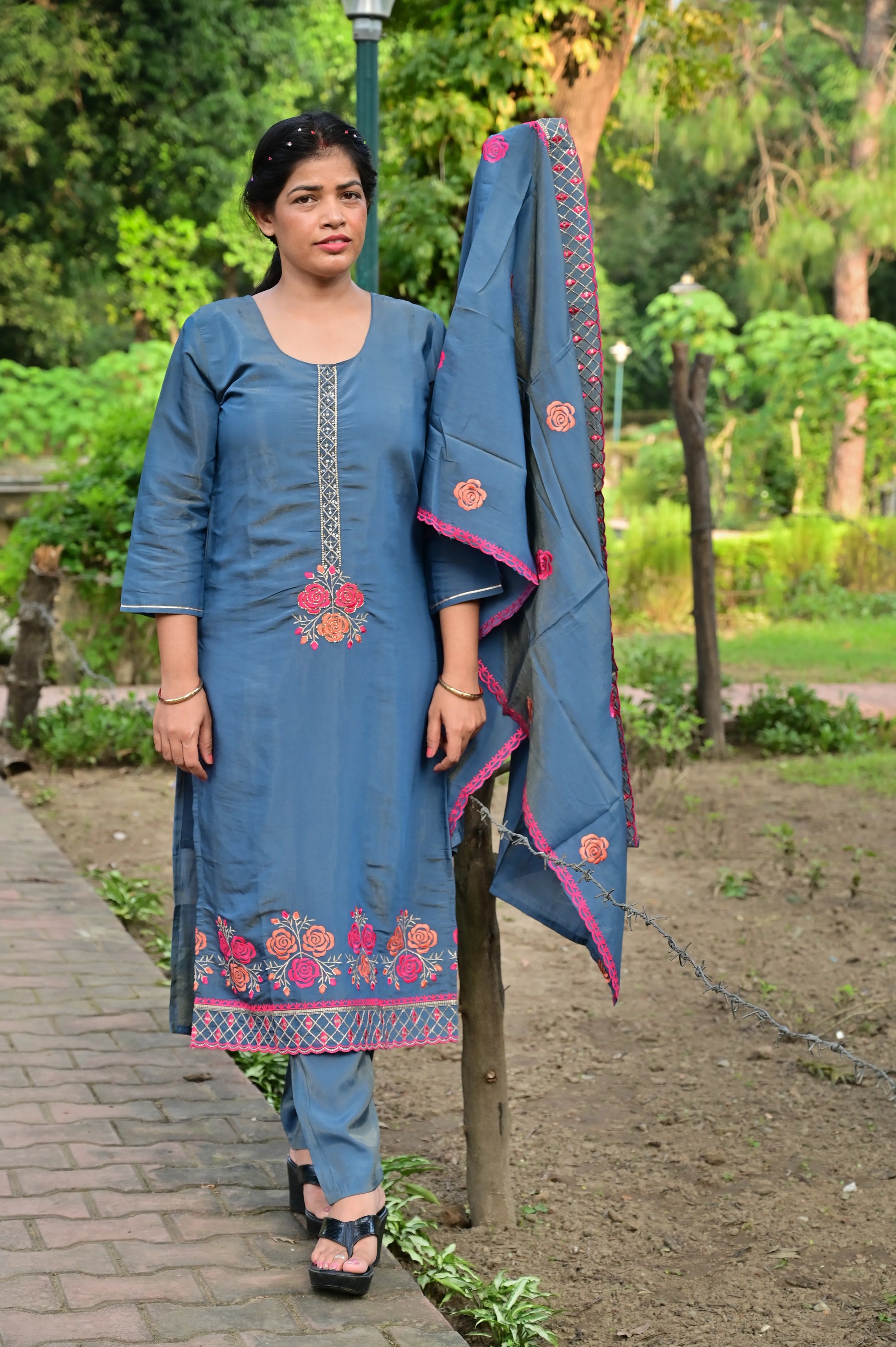 Women's steel blue embroidered kurta pant set with dupatta for festive wear