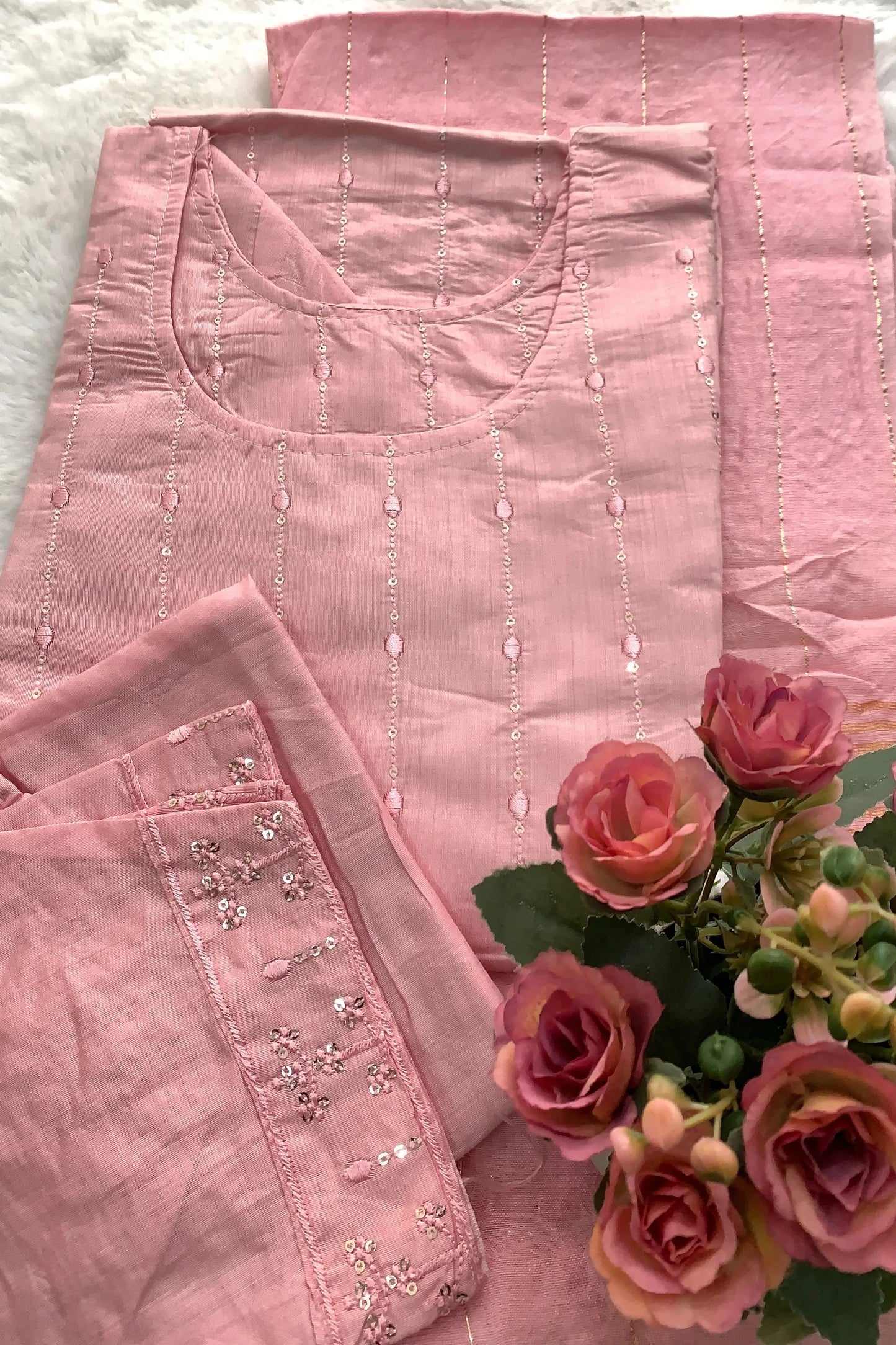 close up of Blush Blossom pink embroidered Chanderi kurta pant set