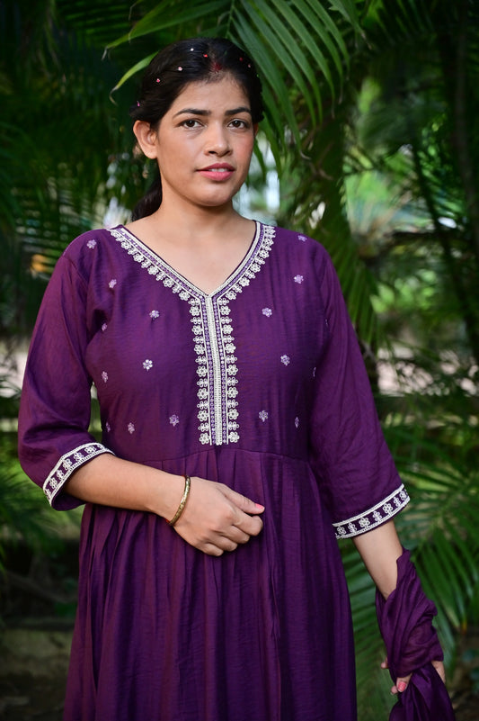 closeup of Deep plum Anarkali kurta set with intricate silver embroidery for women