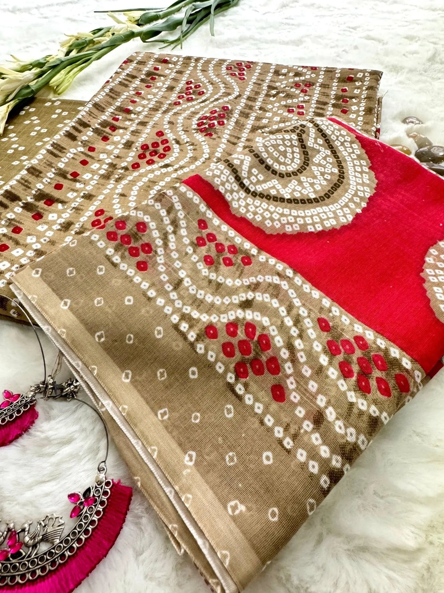 Green and red bandhani suit material - RamWari Elegance