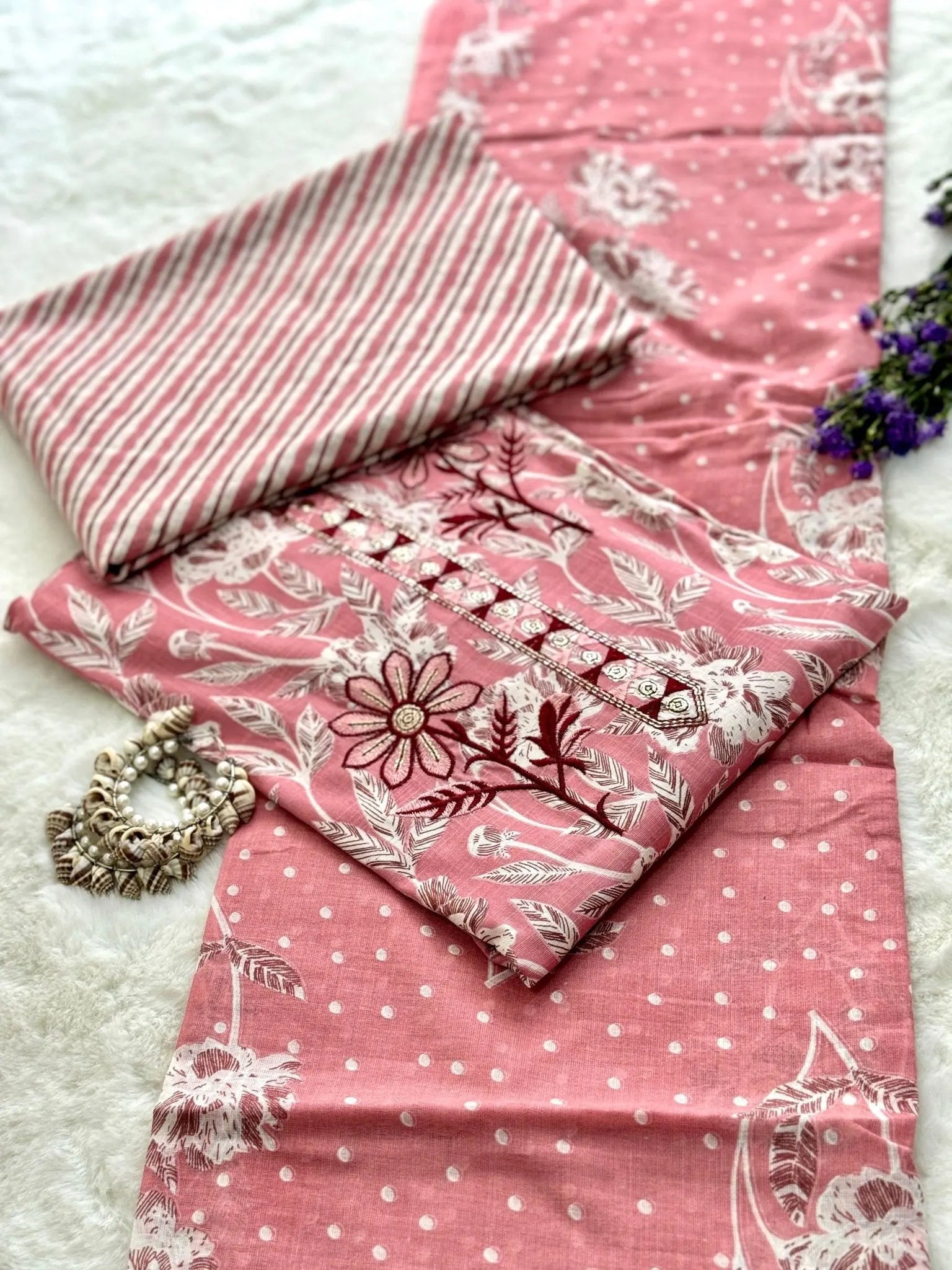 Pink color floral suit material - RamWari Elegance